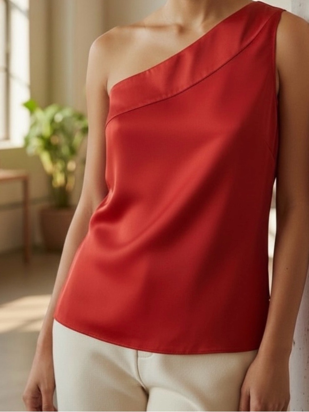 Banana Republic One-Shoulder Satin Camisole in Red